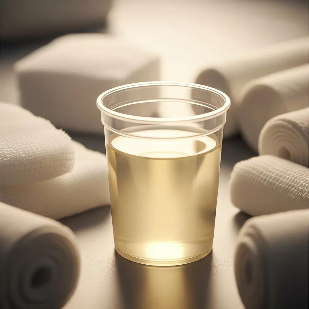 Clear serous fluid in a sterile container, typical of normal healing