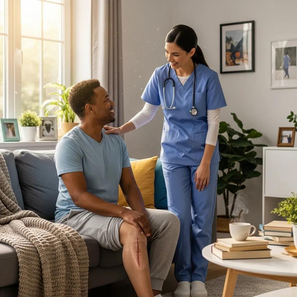 Happy patient showcasing healed wound with a healthcare professional in a cozy living room