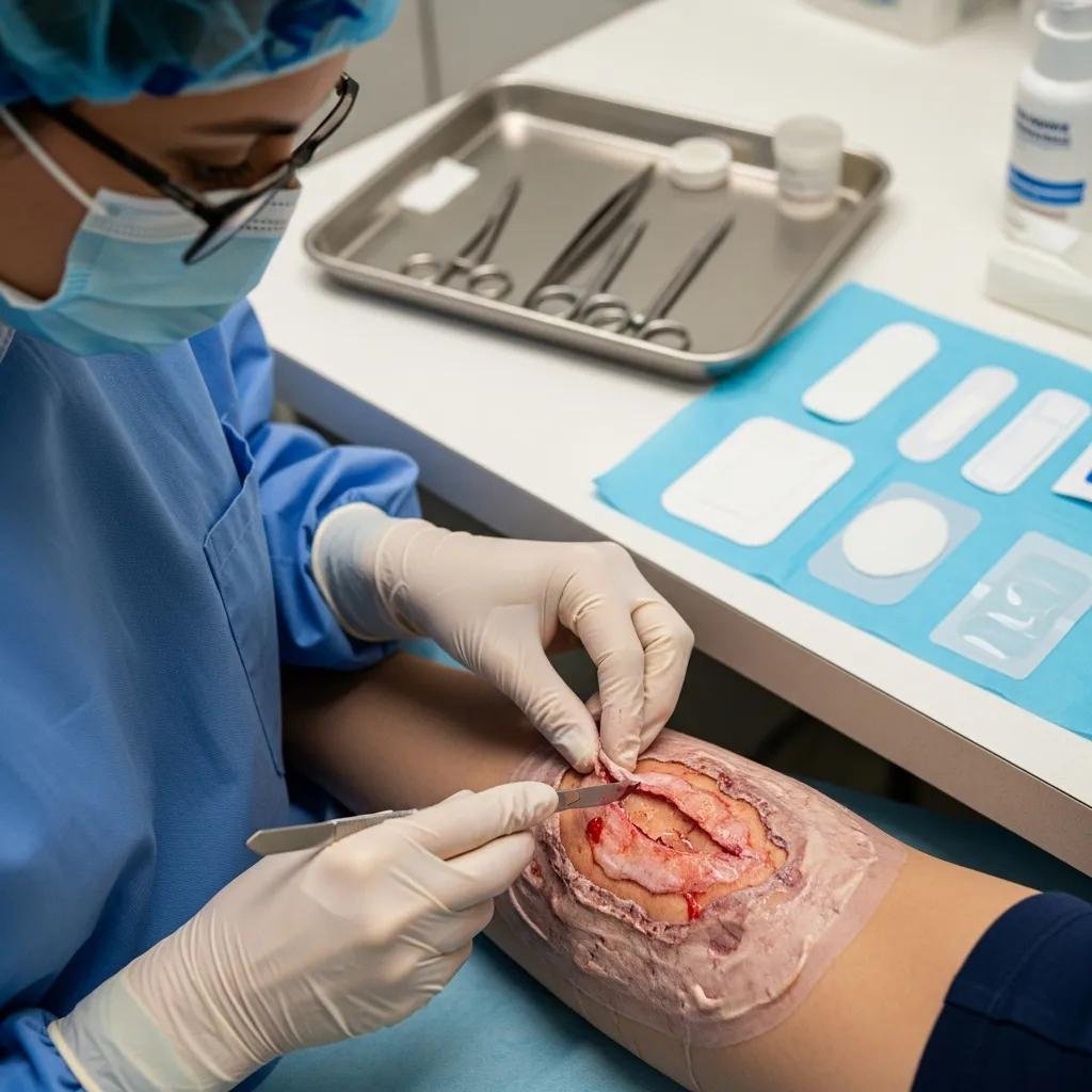 Provider performing debridement and applying a biologic dressing in a clinical setting