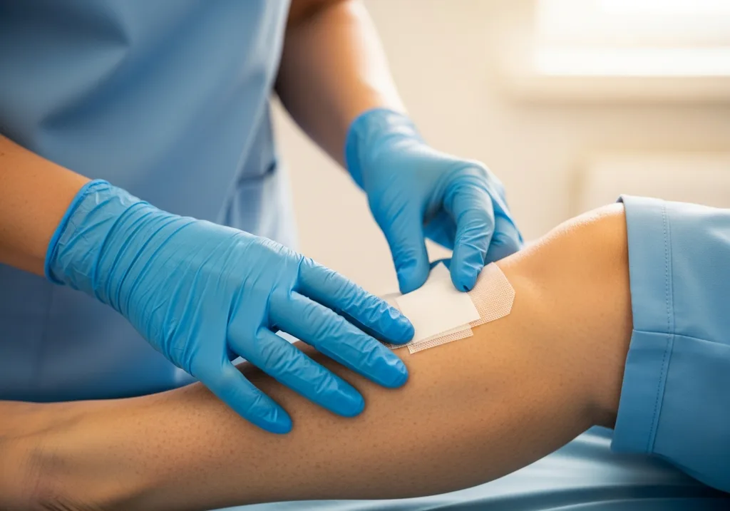 Healthcare professional applying a wound dressing