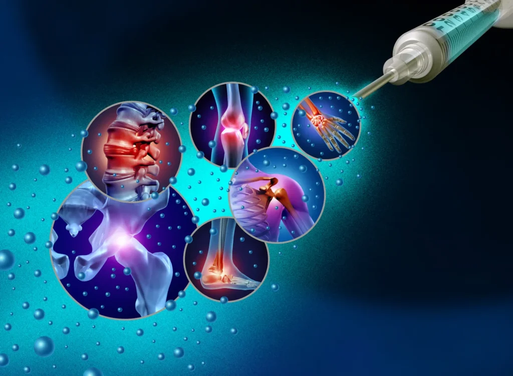 Syringe injecting regenerative medicine with visual representations of various joint and tissue injuries, highlighting advanced wound care solutions.