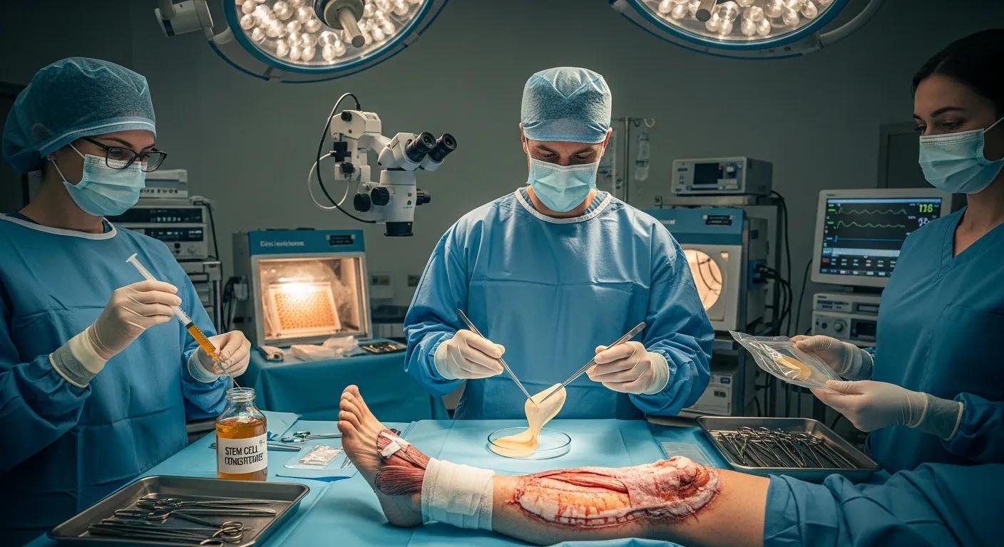 Clinical team preparing advanced regenerative treatments for a wound