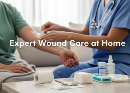 Expert wound care at home, healthcare professional treating chronic wound on patient&rsquo;s arm, medical supplies including bandages and antiseptics, focus on mobile and regenerative care.