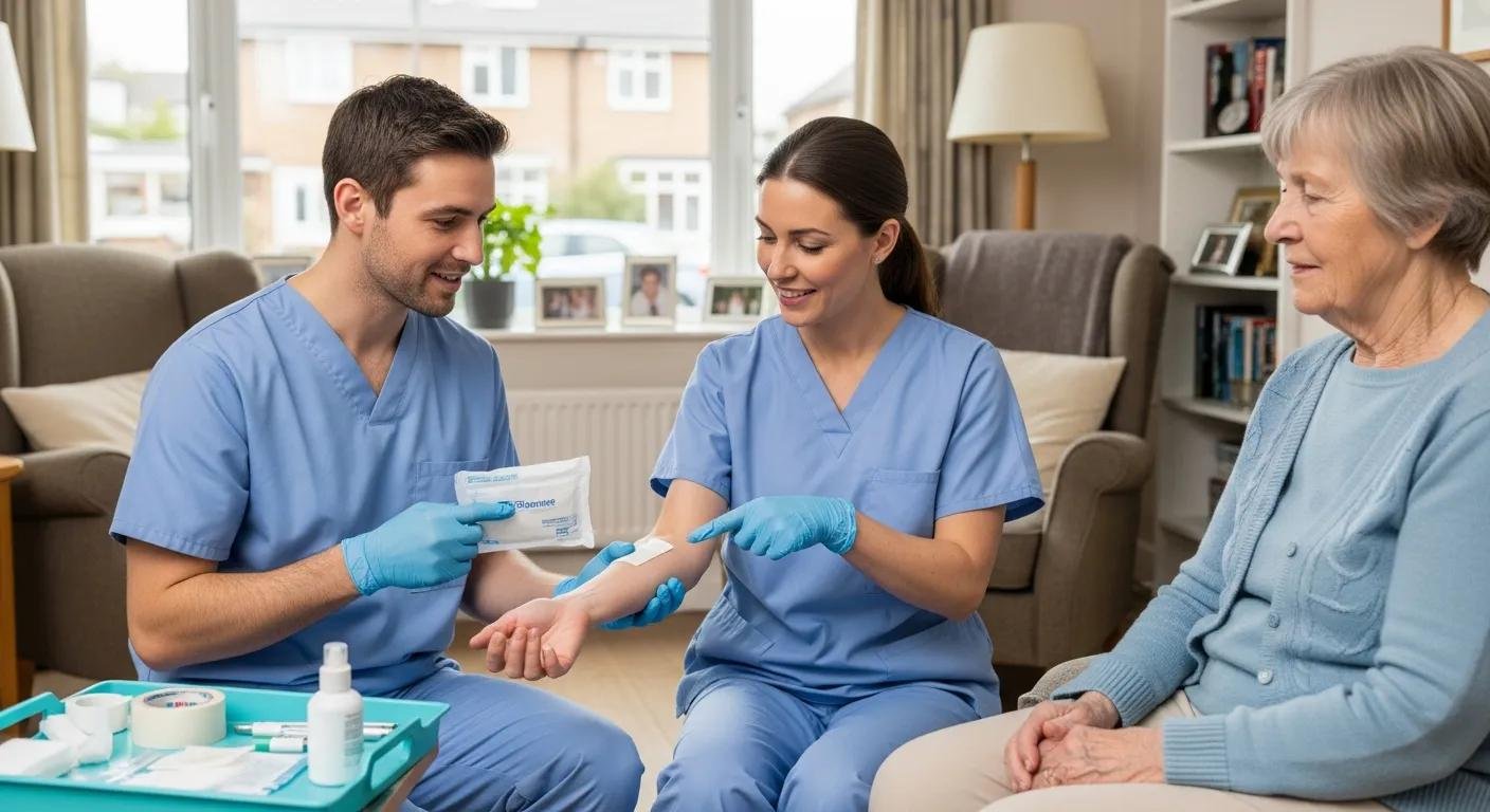 Healthcare professionals in blue scrubs providing mobile wound care to an elderly patient, demonstrating treatment techniques and discussing care options in a home setting.