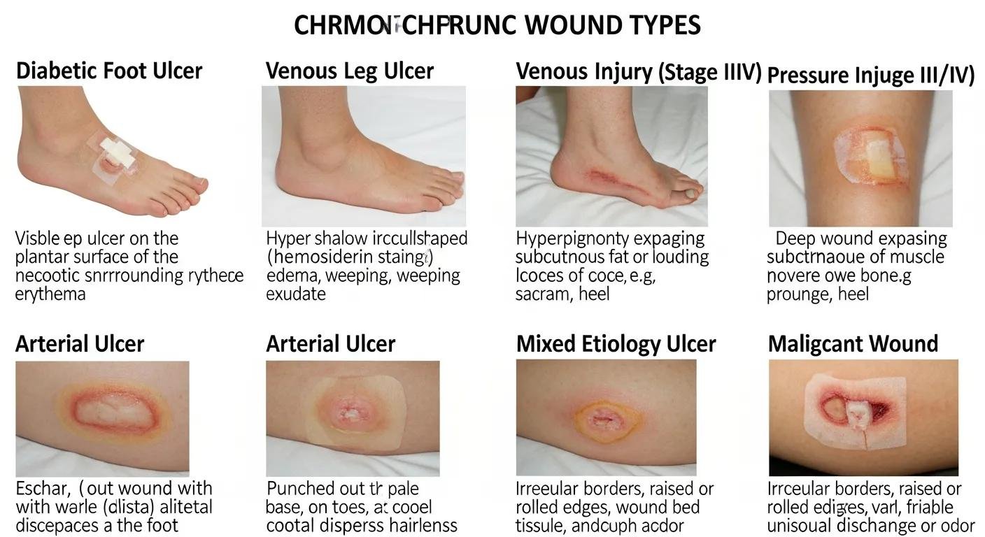Chronic wound types including diabetic foot ulcer, venous leg ulcer, venous injury, pressure injury, arterial ulcer, mixed etiology ulcer, and malignant wound, highlighting characteristics and descriptions relevant to advanced wound care.