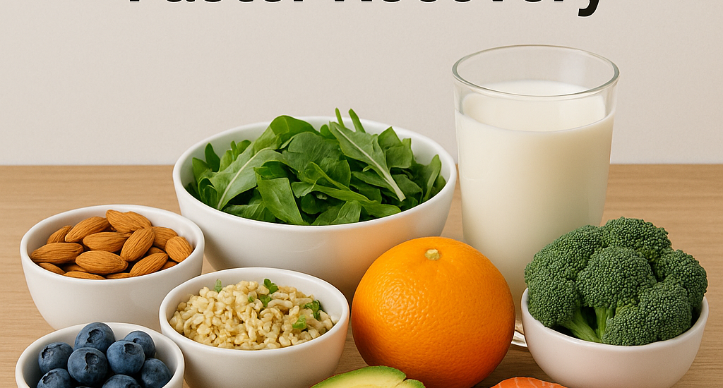 Nutrient-rich foods for wound healing including almonds, blueberries, brown rice, spinach, broccoli, orange, avocado, and milk, emphasizing nutrition for faster recovery.