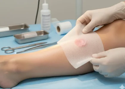Medical professional applying a sterile dressing to a chronic wound on a patient's leg, illustrating advanced wound care techniques relevant to diabetes management.