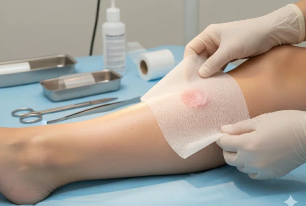 Person applying a collagen wound dressing to a leg wound in a clinical setting, with medical tools and supplies visible in the background.
