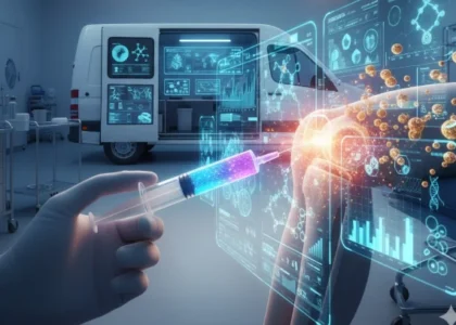 Hand holding a syringe injecting regenerative medicine into a patient's arm, with digital health data and analytics displayed in the background, emphasizing advanced wound care solutions.