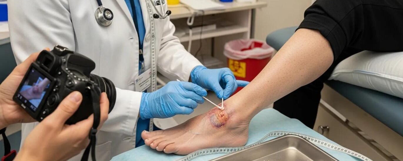 Medical professional treating chronic wound on patient's ankle, demonstrating advanced wound care techniques in clinical setting.