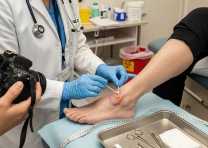 Medical professional treating chronic wound on patient's ankle in advanced wound care clinic.