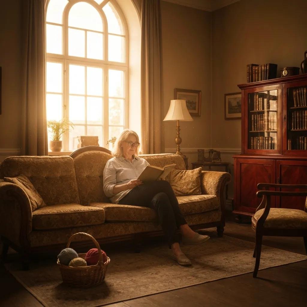 Woman reading a book on a couch in a warmly lit living room, highlighting a cozy home environment for caregivers and patients managing chronic wounds.