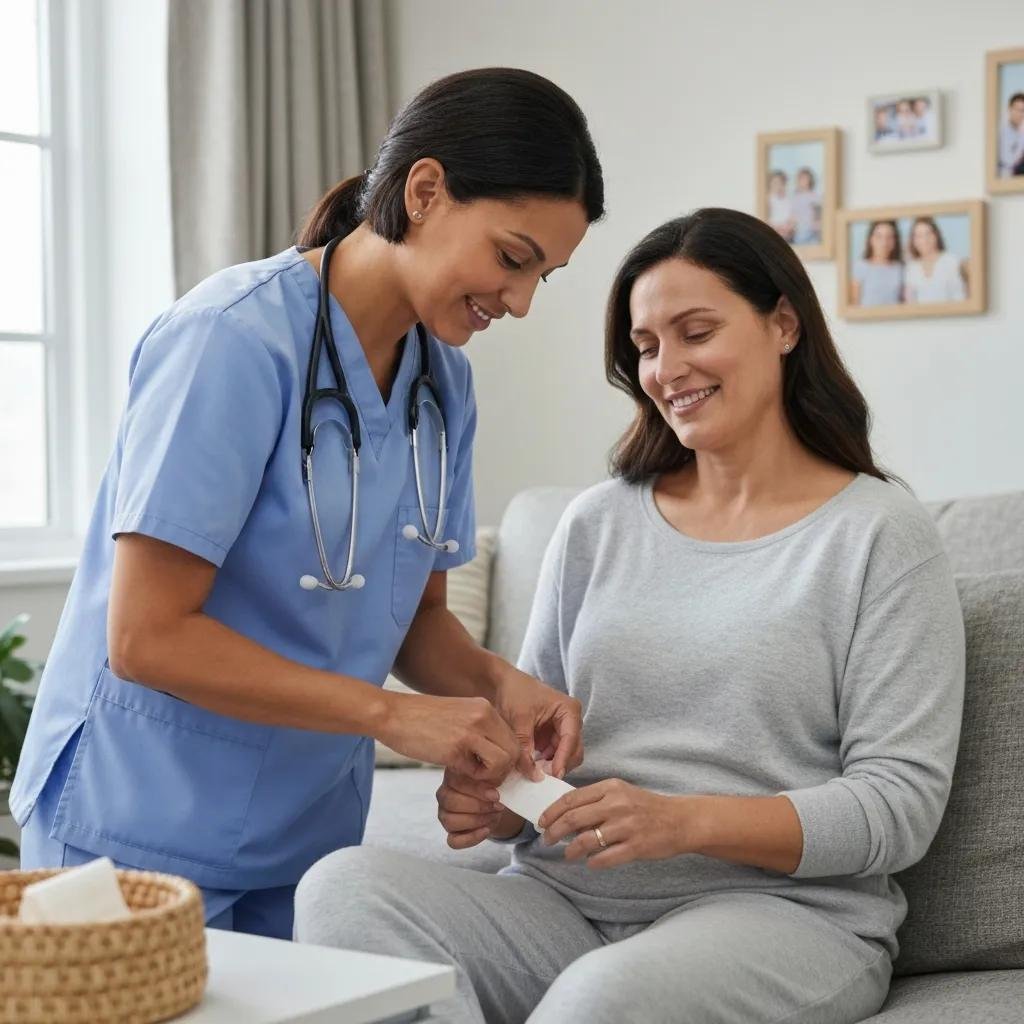 Caregiver in blue scrubs assisting patient with wound care at home, emphasizing mobile advanced wound care and patient comfort.