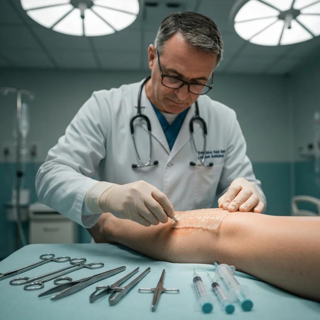Healthcare professional applying an amniotic membrane graft during regenerative wound therapy on a patient's arm, with surgical instruments arranged on a medical table.