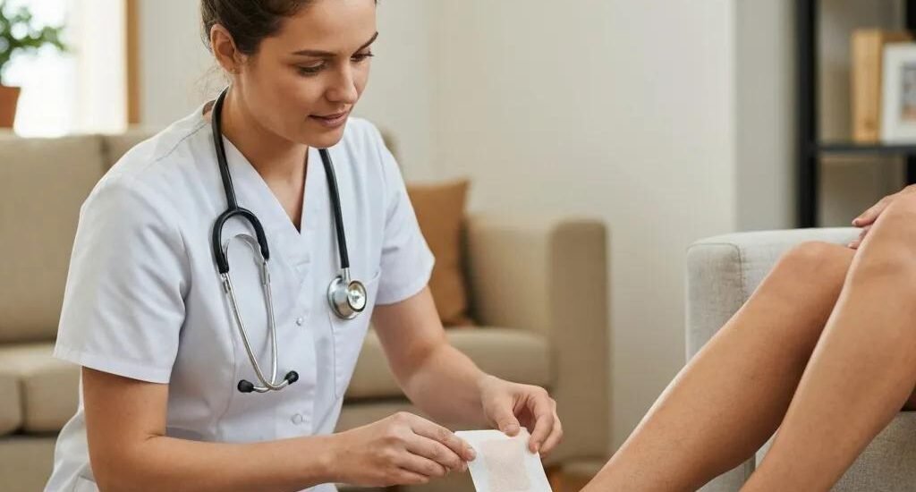 Healthcare professional applying biologic wound dressing to a patient's foot in a home setting, emphasizing advanced biologic wound care and mobile treatment options.