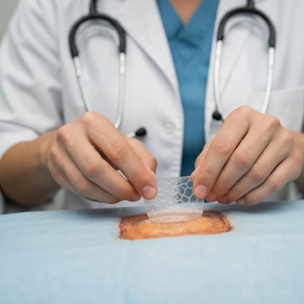Healthcare professional applying a regenerative dressing to a chronic wound during in-home wound care treatment.