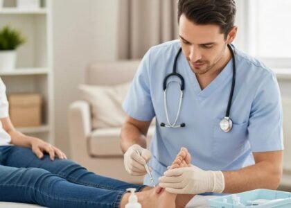 Healthcare professional providing advanced wound care treatment to a patient's foot in a home setting, emphasizing personalized care and recovery.