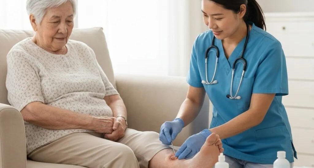 Caregiver providing wound care to elderly patient in home setting, emphasizing mobile wound care services and patient comfort.