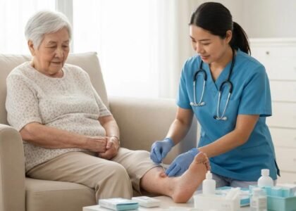 Caregiver providing wound care to elderly patient at home, highlighting mobile wound care services and personalized treatment options.