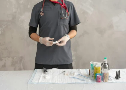 Healthcare professional in scrubs holding medical instruments, with wound care supplies and tools on a table, emphasizing advanced wound care solutions.