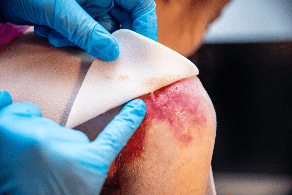 Healthcare professional applying collagen matrix dressing to a wound on a patient's shoulder, highlighting advanced wound care techniques and the importance of moisture balance in healing.