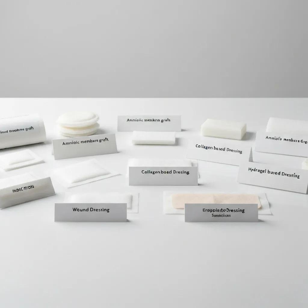 Various types of biologic wound dressings including amniotic membrane grafts, collagen-based dressings, and hydrogel-based dressings on a white background, labeled for clarity.
