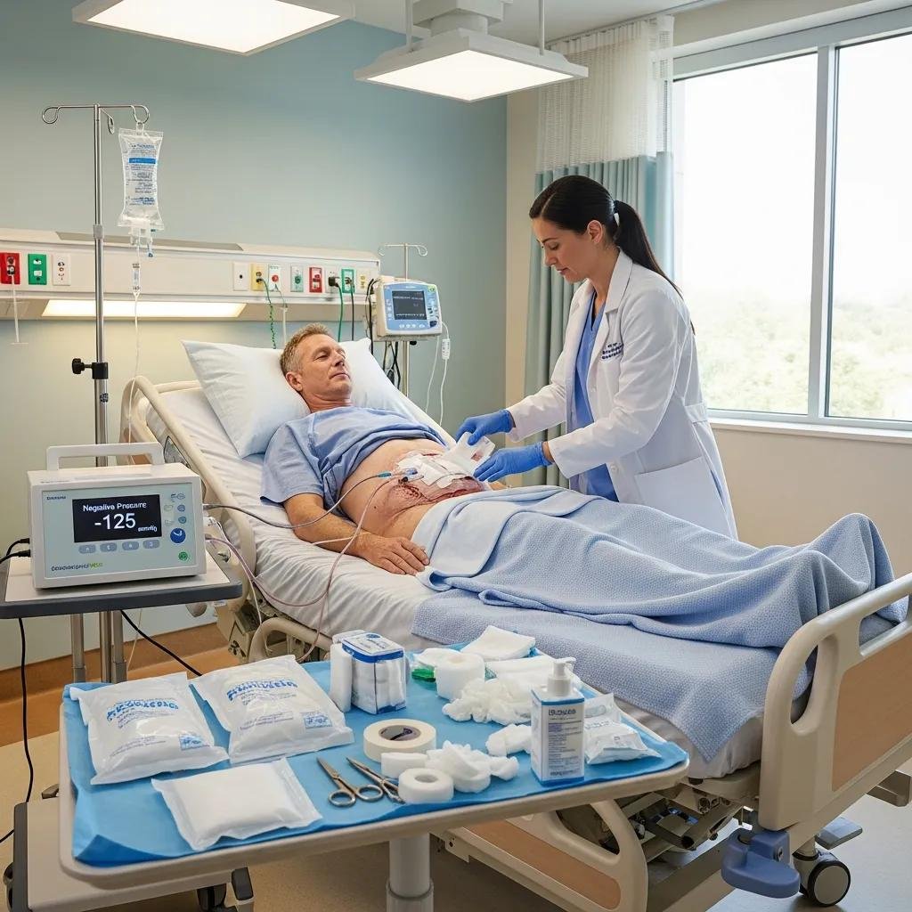 Patient receiving wound care treatment in a clinical setting, clinician applying negative pressure therapy to abdominal wound, medical supplies and equipment visible on bedside table.