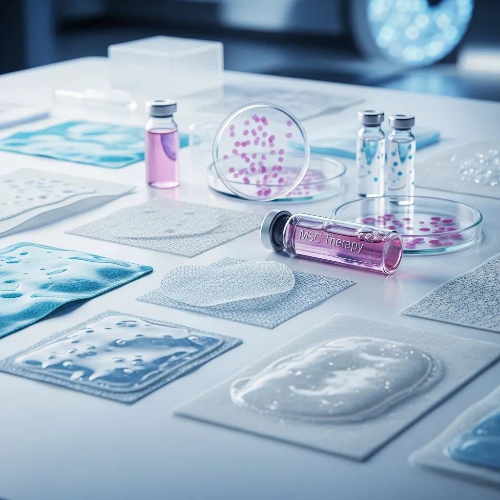 MSC therapy vial and various advanced biologic dressings and cellular therapies on a table, highlighting regenerative wound treatment options.