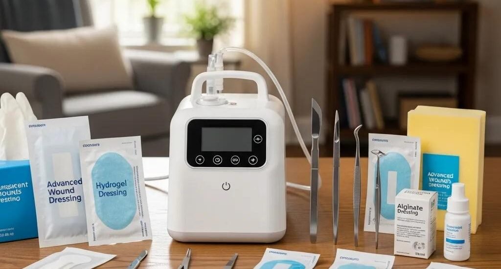 Advanced wound care equipment including portable negative pressure therapy device, various dressings like hydrogel and alginate, and wound care tools arranged on a table in a home setting.