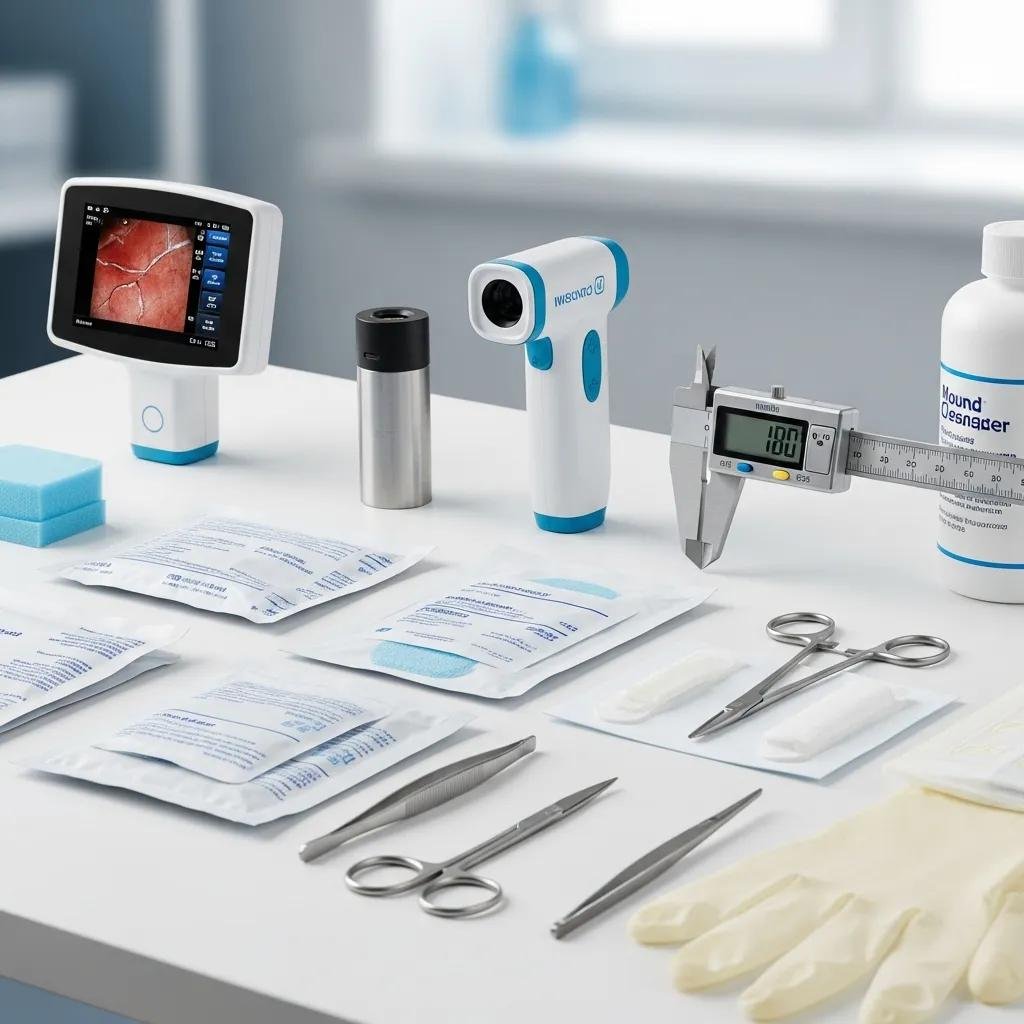 Advanced wound care tools including a digital imaging device, measurement caliper, and various wound dressings and instruments on a clinical table, emphasizing precision and innovation in mobile assessments.