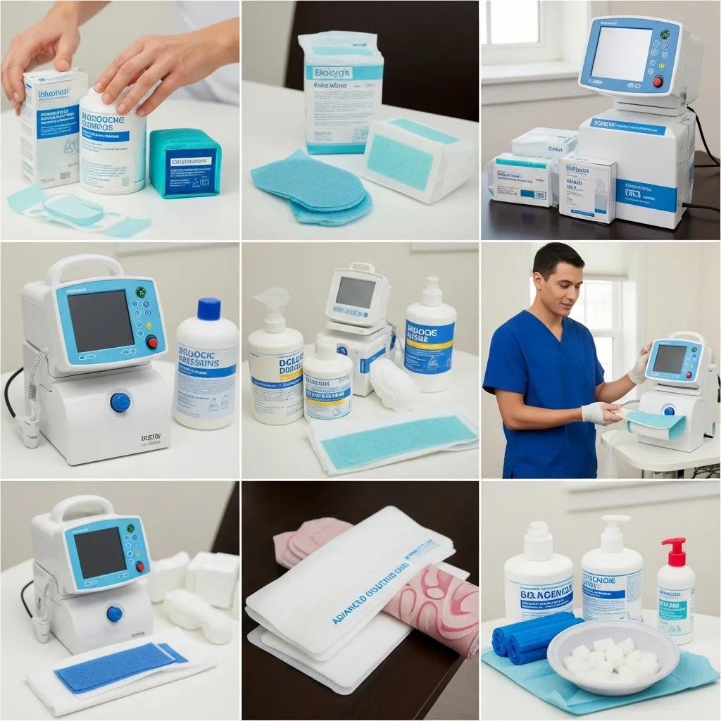 Advanced wound care supplies and equipment, including biologic dressings, negative pressure wound therapy device, and a healthcare professional preparing for treatment, highlighting Healix360's mobile wound care services.