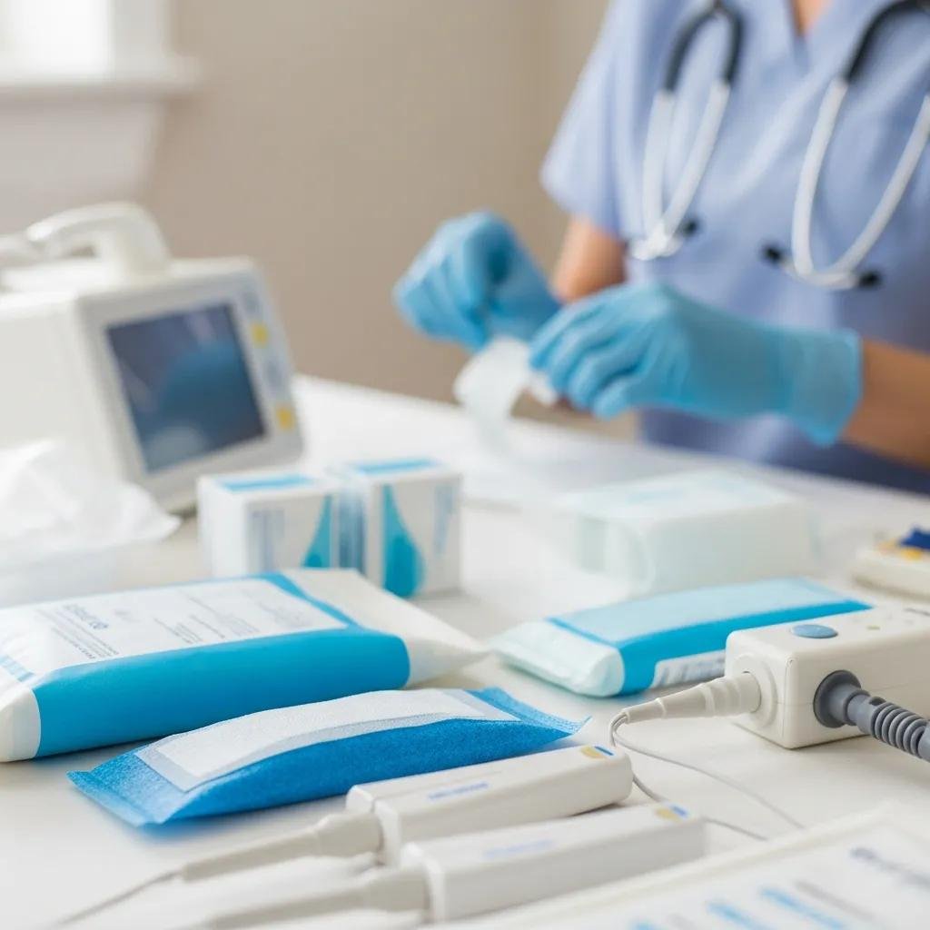 Healthcare professional preparing advanced wound care supplies, including biologic dressings and negative pressure therapy devices, in a home setting for mobile wound care services.
