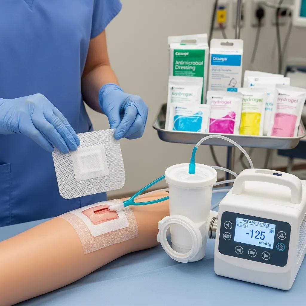 Nurse applying biologic dressing to chronic wound on patient&rsquo;s leg, with negative pressure therapy device and various wound care products in background.