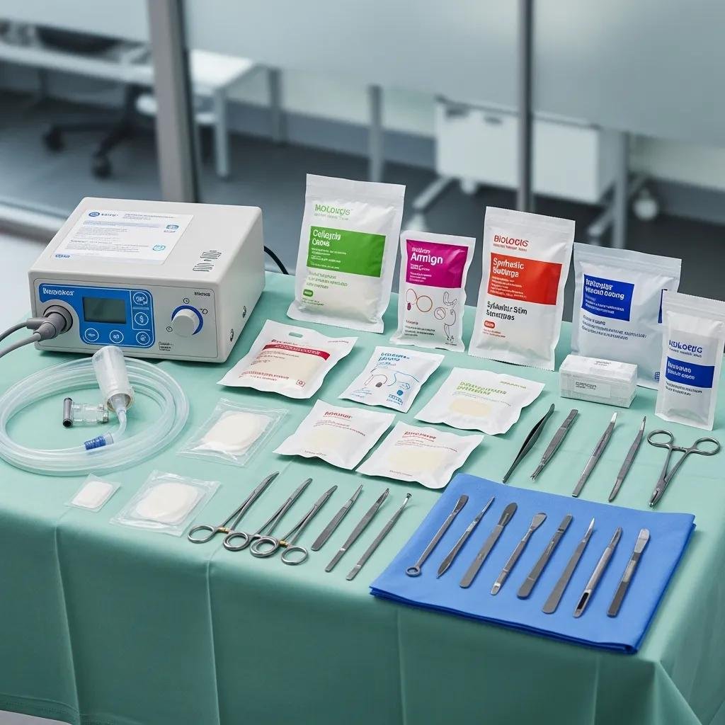 Mobile wound care equipment including negative pressure wound therapy device, various biologic dressings, and surgical instruments for diabetic foot ulcer treatment.