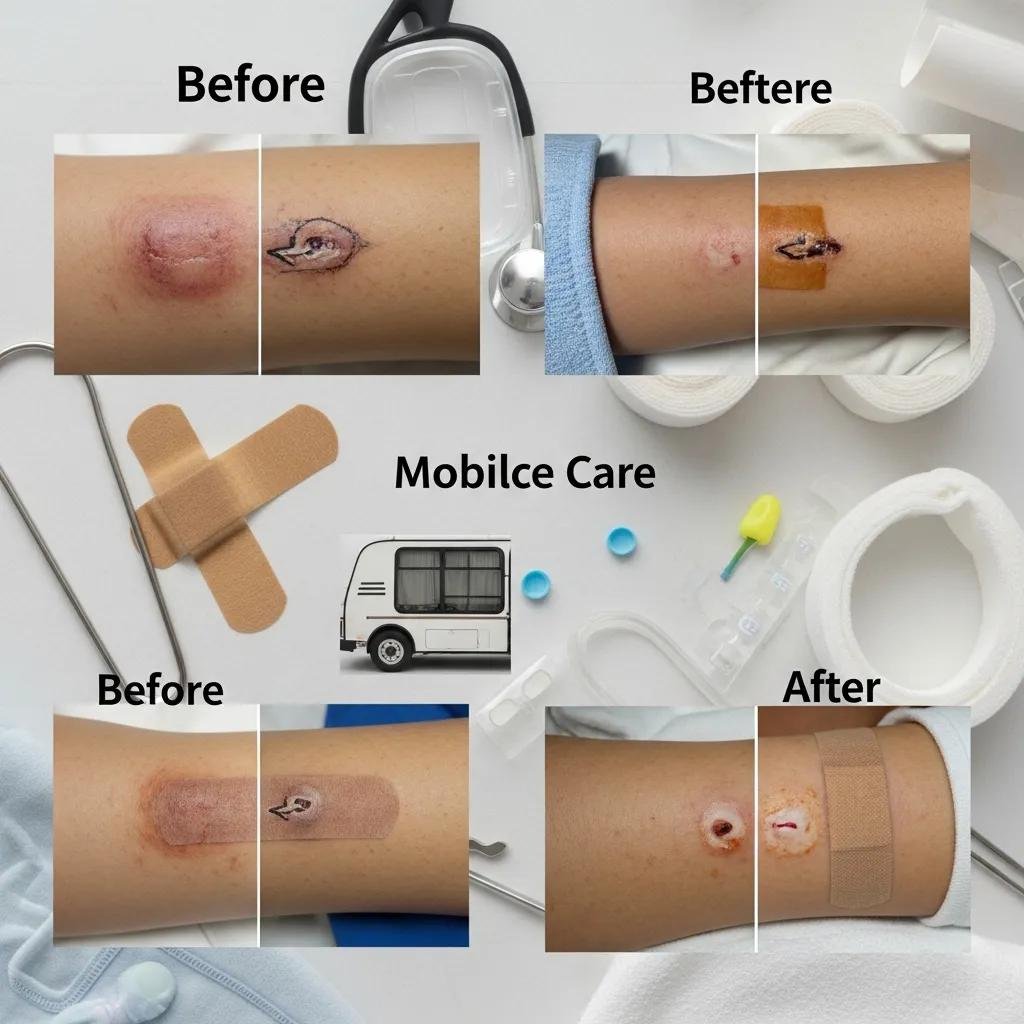 Before-and-after images of chronic wound healing outcomes, showcasing patient arms with visible improvements from mobile wound care treatments, featuring medical supplies and a mobile care vehicle illustration.