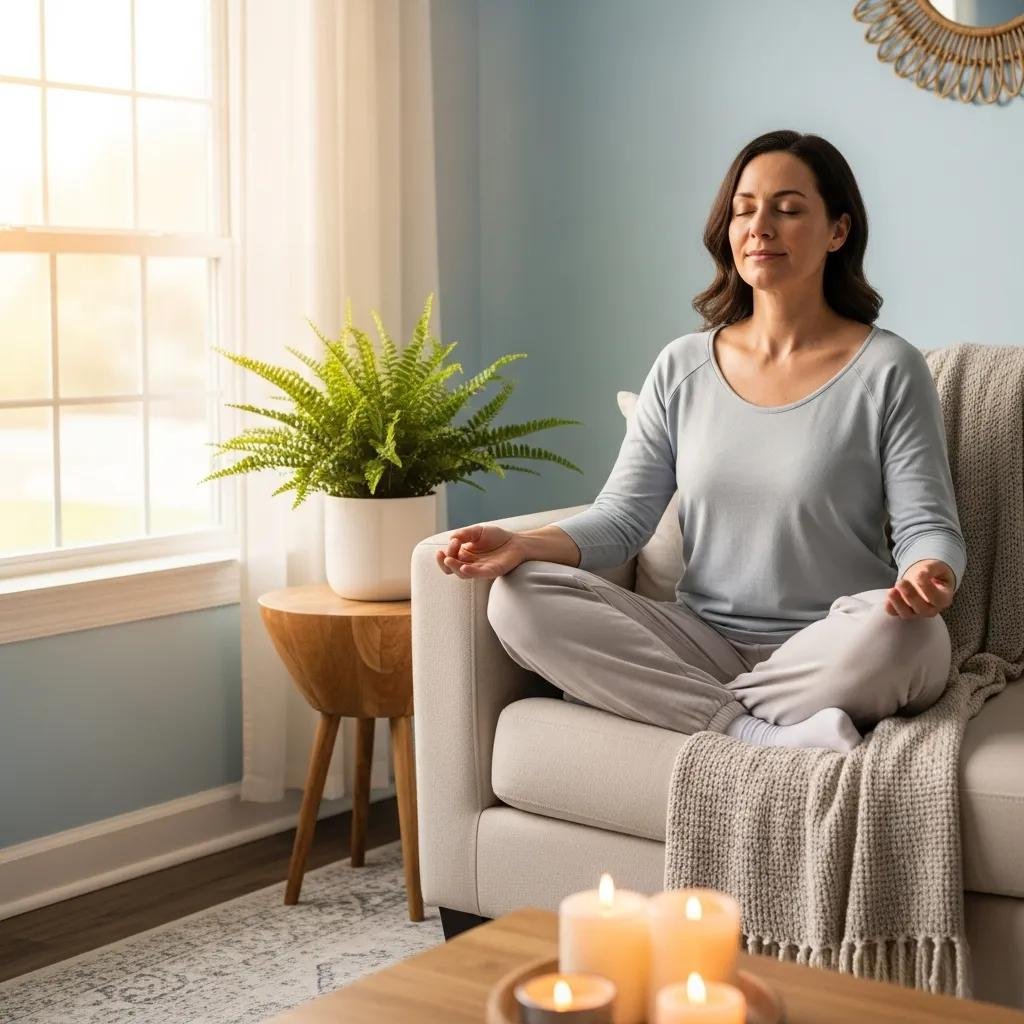 Woman practicing relaxation techniques at home, sitting cross-legged on a sofa, surrounded by candles and a potted plant, promoting pain management and emotional well-being for cancer patients.