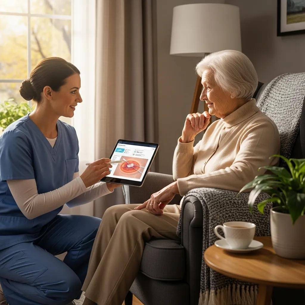 Patient and caregiver consulting with a Healix360 clinician during a home wound care visit