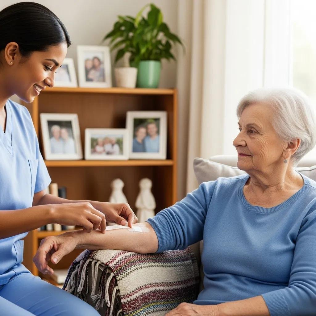 Caregiver assisting elderly patient with wound dressing change in a bright home setting, emphasizing home-based wound care and patient support.