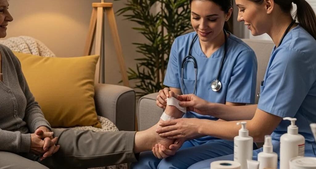 Caregiver assisting a patient with chronic wound care at home, emphasizing compassion and support, featuring medical supplies and a comfortable living environment.