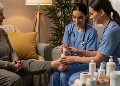 Caregiver assisting elderly patient with chronic wound care at home, emphasizing compassion and support, with medical supplies visible in the foreground.