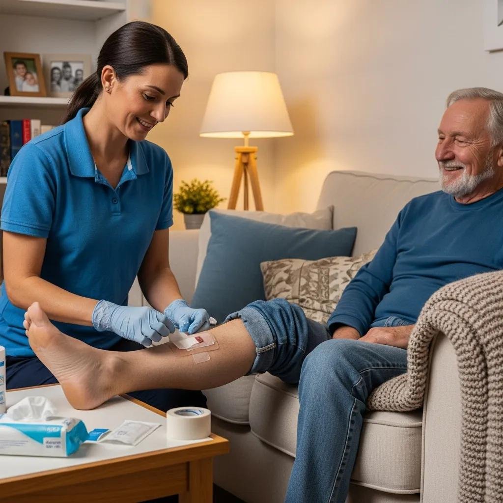Caregiver assisting an elderly man with lymphedema in changing a wound dressing at home, emphasizing supportive care and proactive wound management.