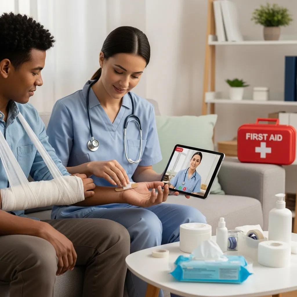 Caregiver assisting a patient with wound care using a tablet for telemedicine support, showcasing remote healthcare technology in a home setting.