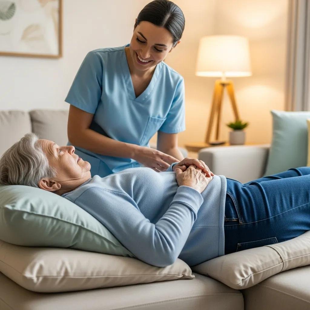 Caregiver assisting elderly patient in changing positions on a couch to prevent pressure ulcers at home, highlighting the importance of regular repositioning for skin health.