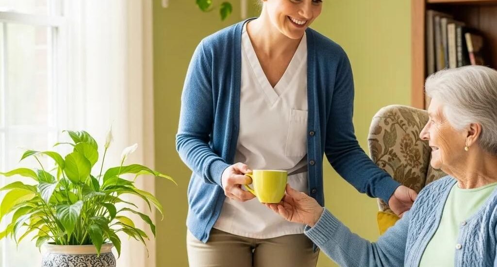 Caregiver assisting elderly person at home, highlighting home care services