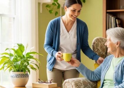 Caregiver assisting elderly woman at home, highlighting home care services and compassionate support in a comfortable living environment.