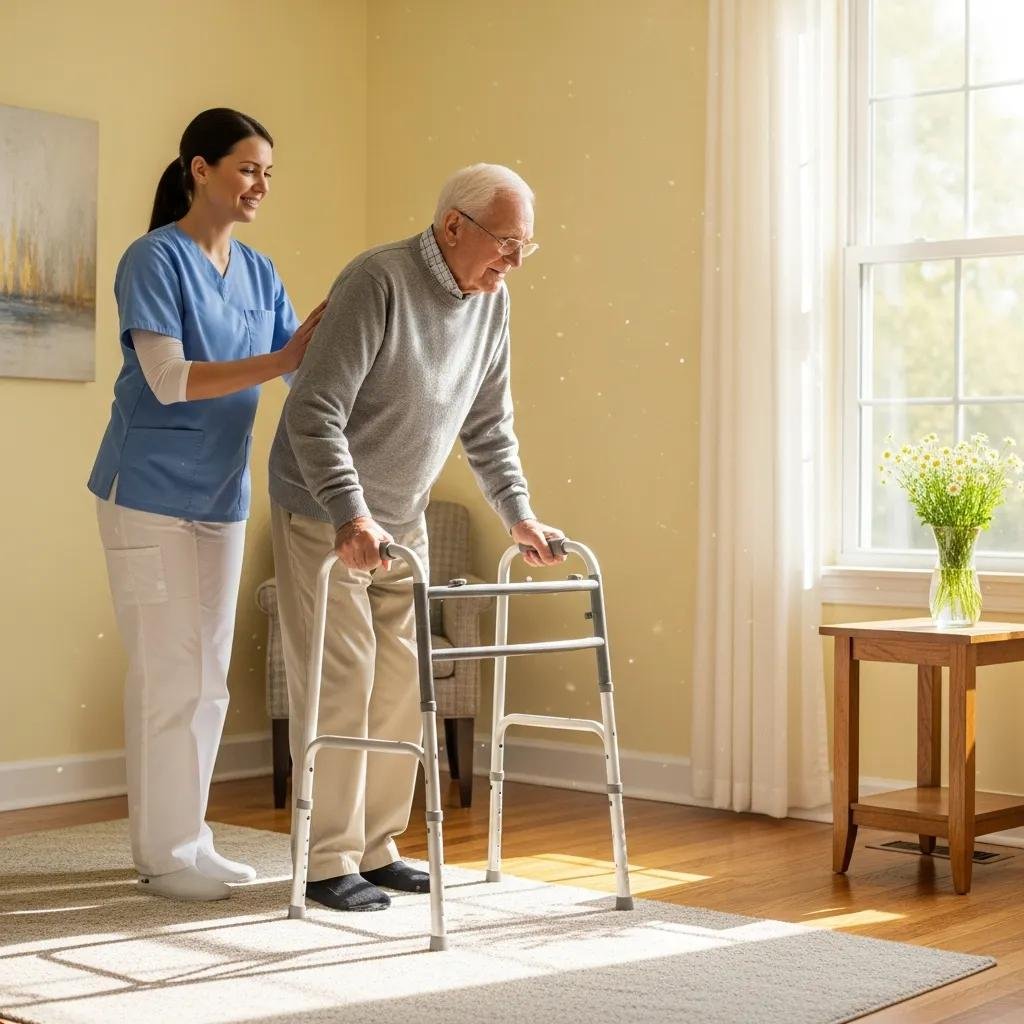 Caregiver assisting elderly patient with mobility using walker in home setting, emphasizing support during wound healing journey.