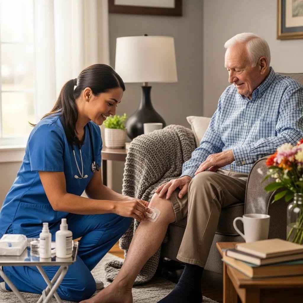 Caregiver applying mobile advanced wound care treatment to elderly patient in home setting, emphasizing patient comfort and personalized care.