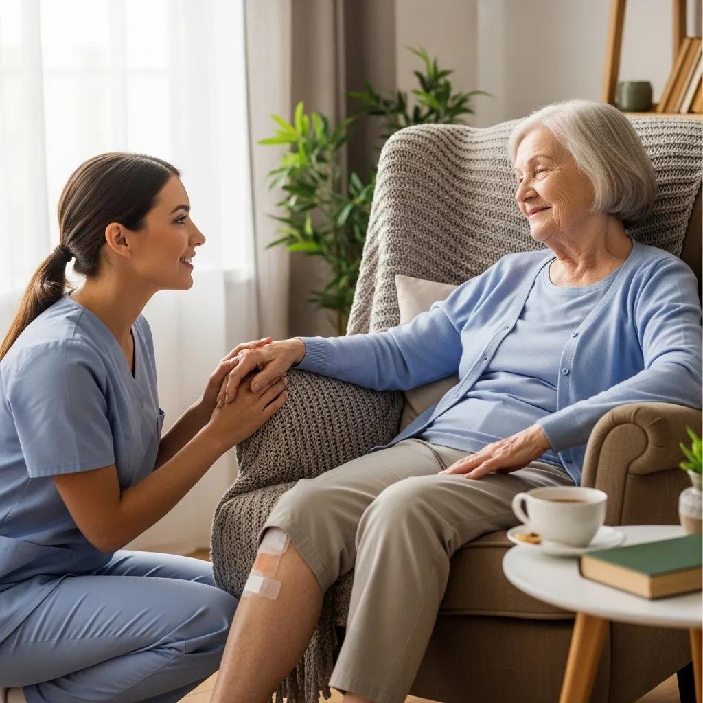Caregiver providing emotional support to a patient during in-home wound care, showcasing a compassionate interaction in a cozy living room setting.