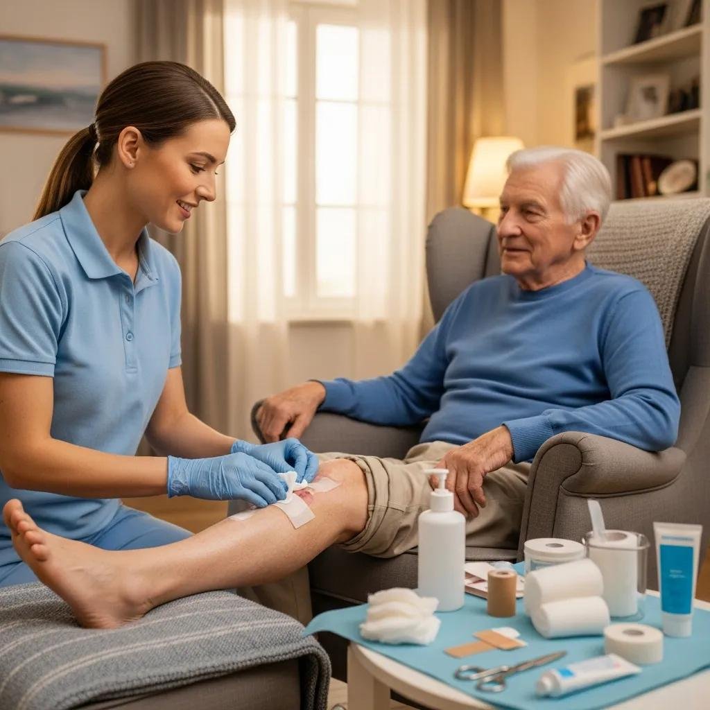 Caregiver providing in-home wound care to an elderly patient, emphasizing advanced mobile wound care services and personalized treatment in a comfortable setting.