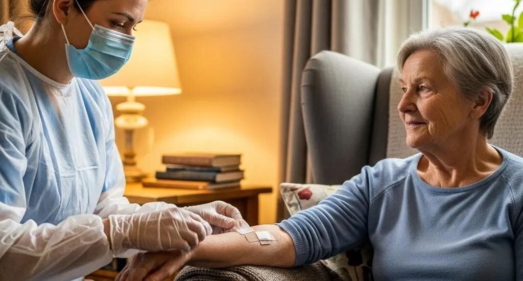 Caregiver providing wound care at home during COVID-19, emphasizing safety and compassion